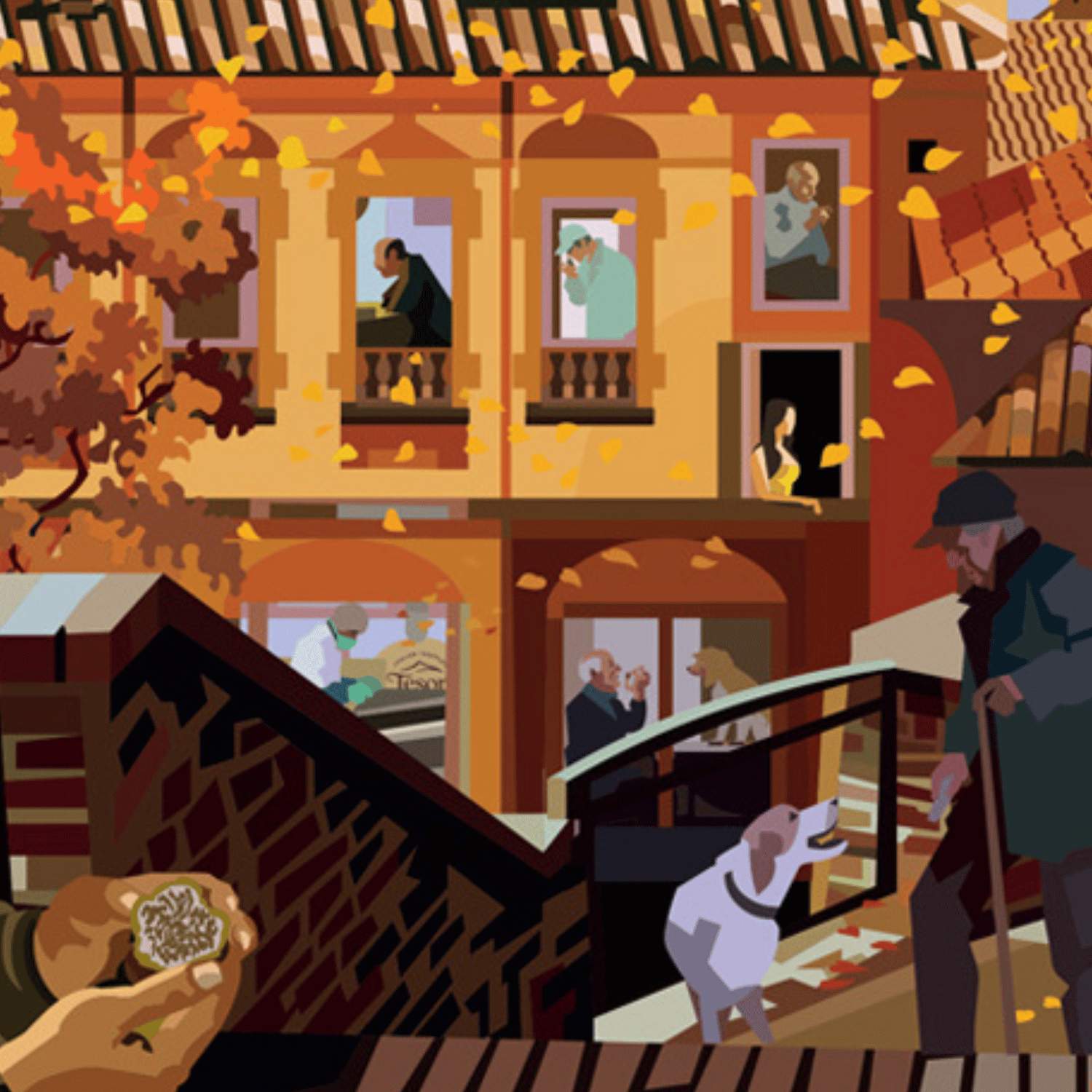 Scopri "Alba Truffle Flavour", Ambientazione dell'illustrazione iconica di Pierpaolo Rovero che cattura la magia della stagione del tartufo bianco ad Alba. Un'opera ricca di dettagli, dove storia e tradizione si fondono in una rappresentazione vivace della raccolta del tartufo. Dettaglio finestre Alba